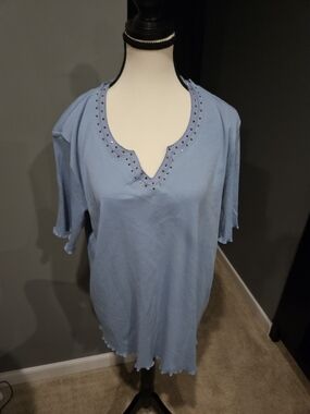 SAMOON Light Blue Stud Detail V-Neck Tunic